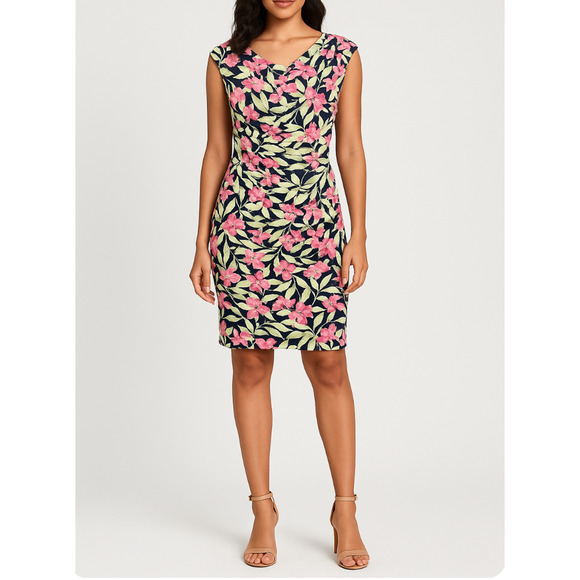 Connected Apparel Floral Dress Women 10 Ruched Sheath‎ Pink Navy Tropical Resort - Picture 1 of 8